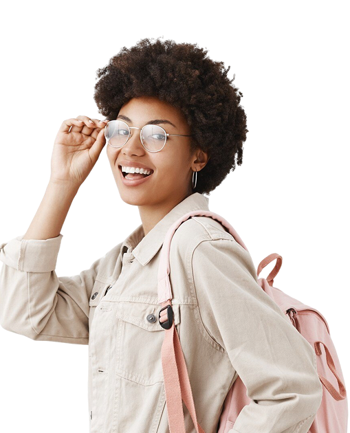stylish-good-looking-female-tourist-with-dark-skin-afro-hairstyle-checking-glasses-eyes-turning-while-standing-profile-gray-wall 2
